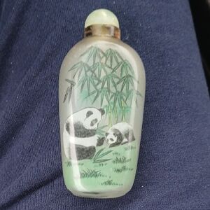Chinese Reverse Painted with Panda Bears Glass Snuff Bottle  3 3/8"